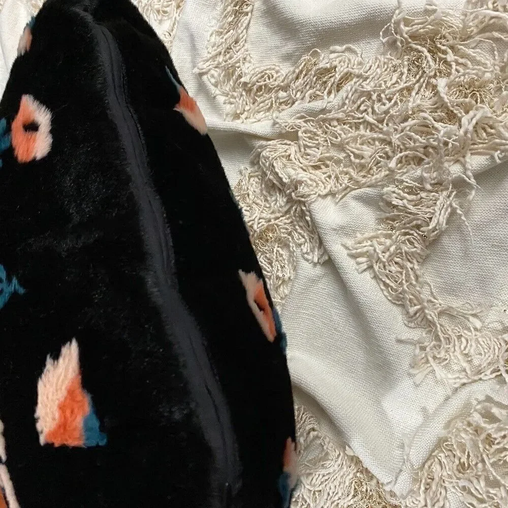 Anthropologie Flora Faux Fur Pillow Black Floral Pattern 20
